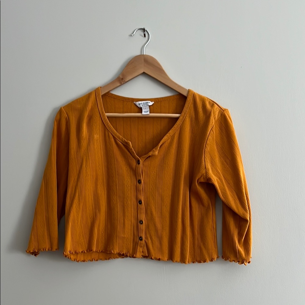 Orange Ribbed Crop Button Down Shirt